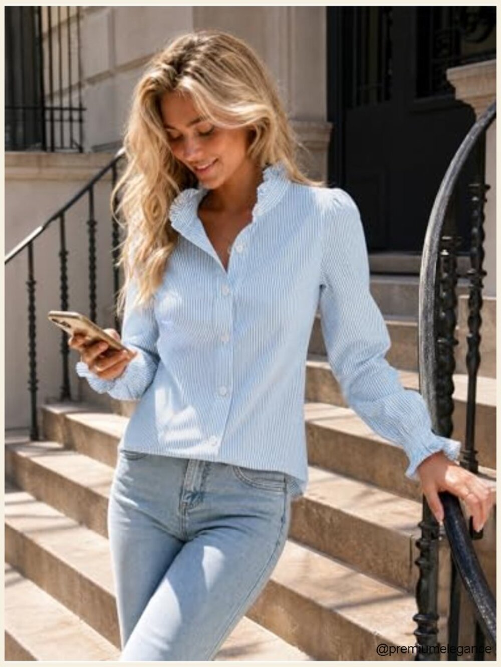 Striped Long Sleeve Button Down Blouse with Ruffle Collar Smocked Cuffs - Picture 2 of 6